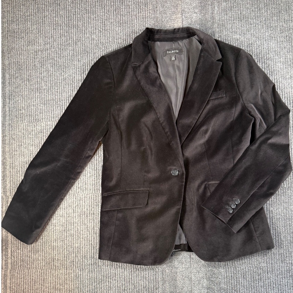 Talbots Black Velvet Blazer Single Button Jacket Size 10 Cotton Evening Wear